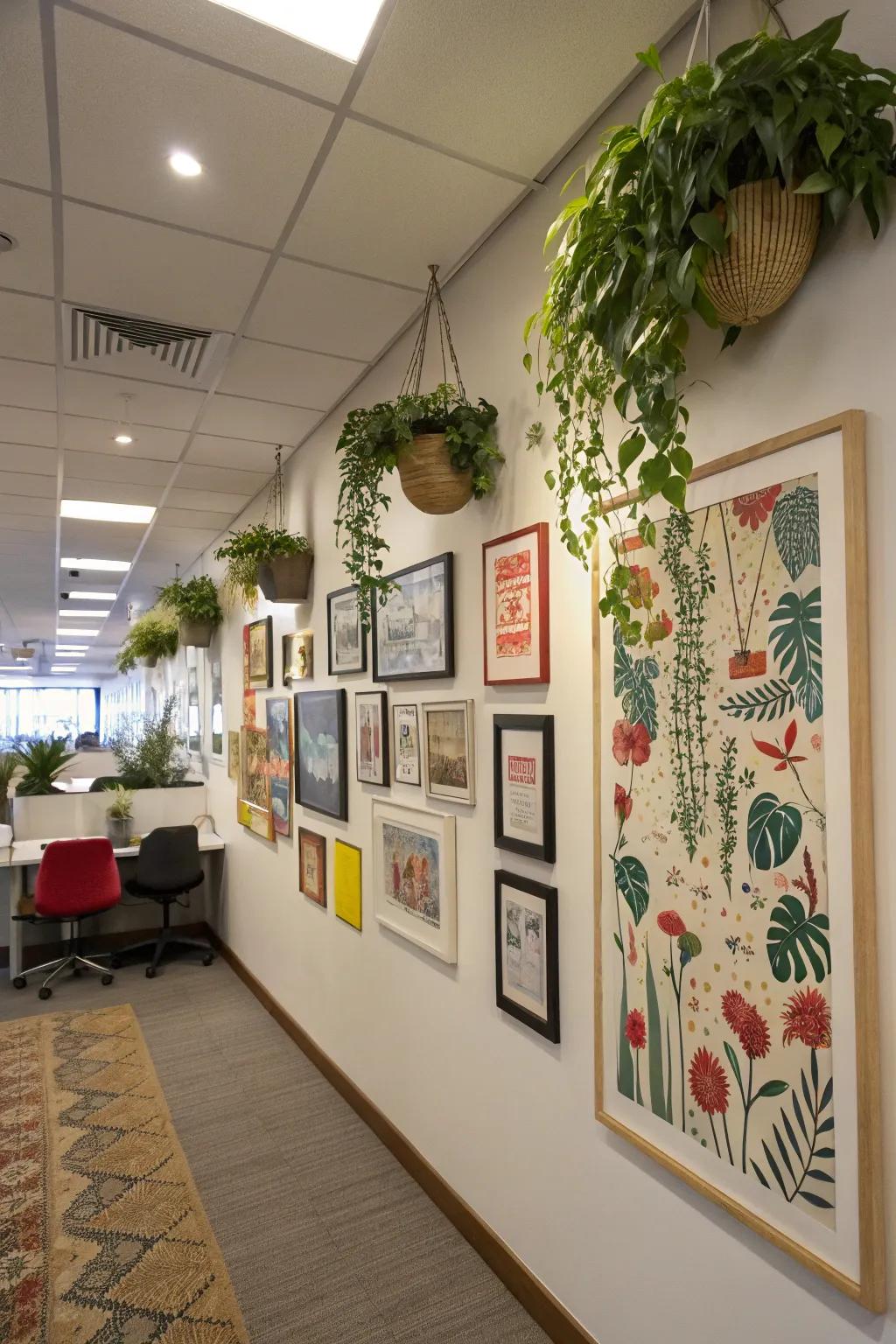 An office wall adorned with art and decorative elements.