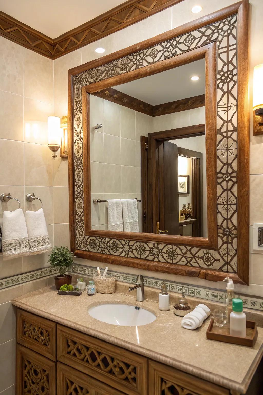 A decorative mirror adds elegance and reflects the rustic style beautifully.