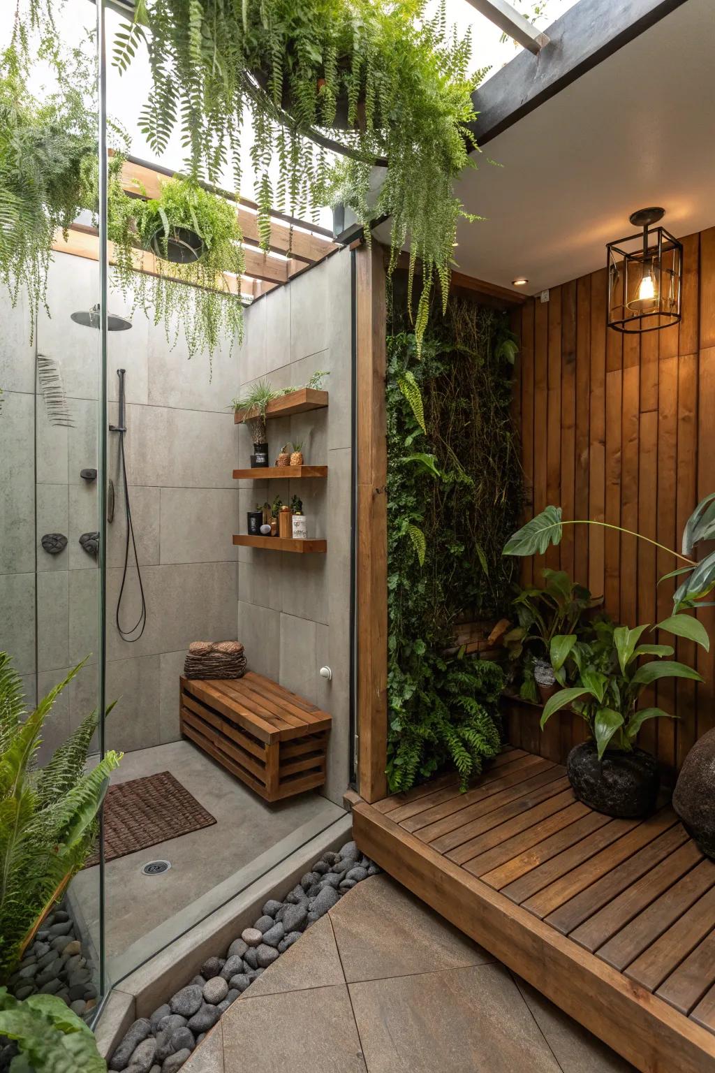 A serene shower space featuring natural elements like plants and wood.