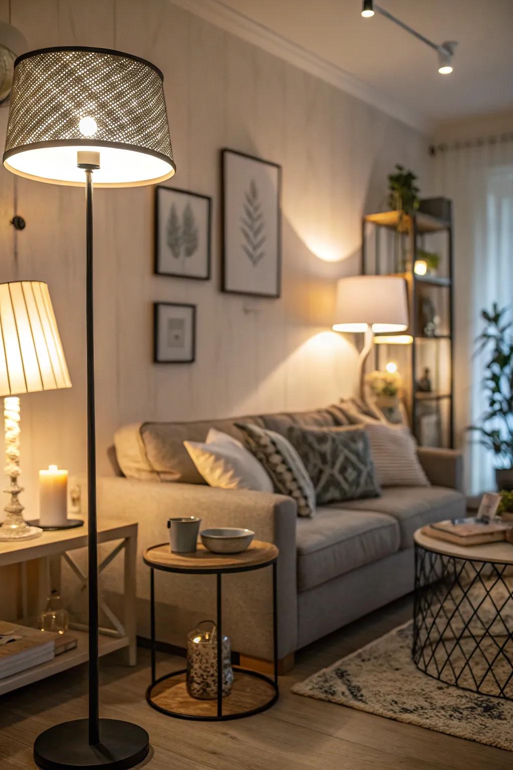 Modern lighting fixtures in a small living room to create ambiance.