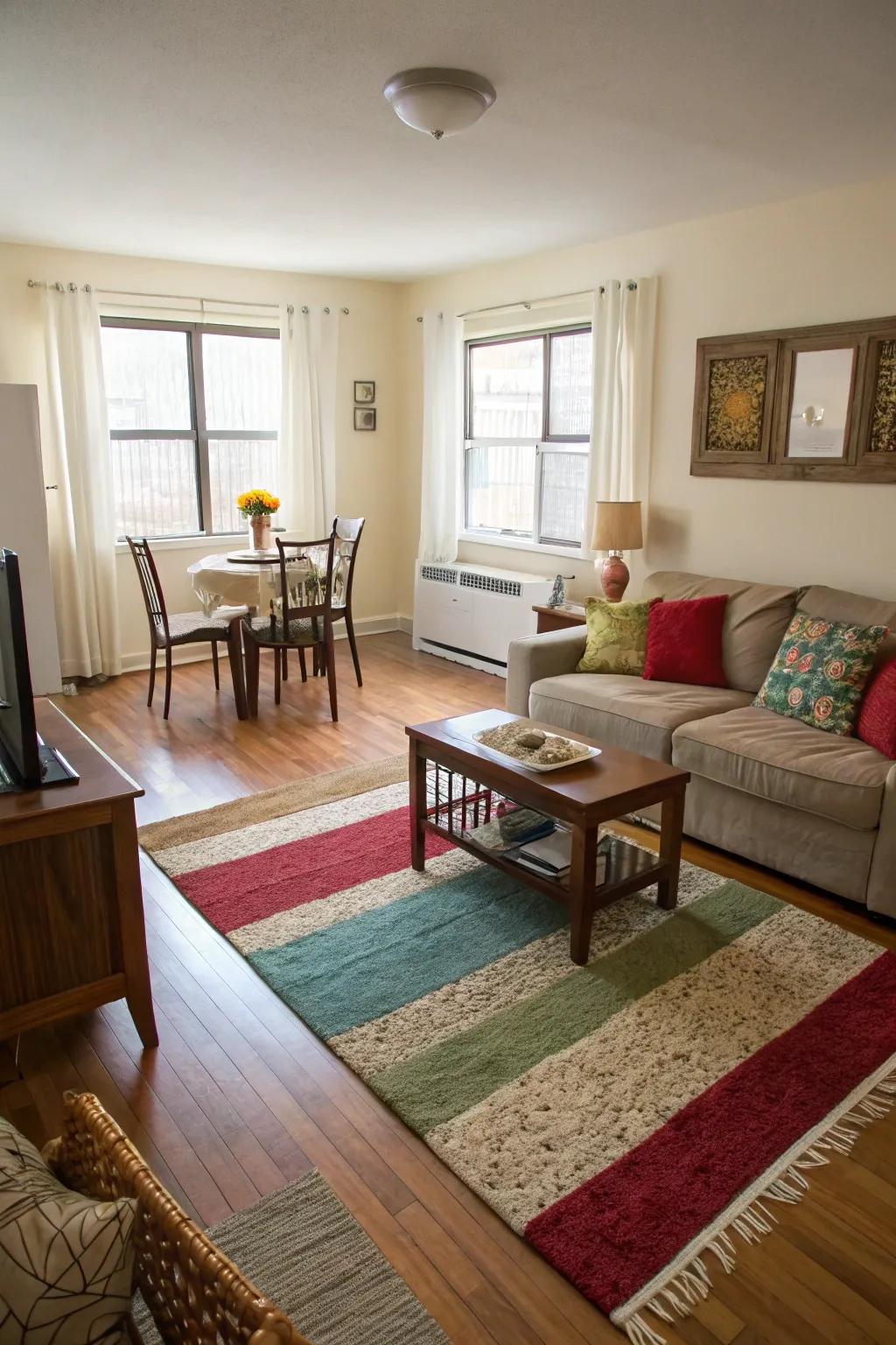 A studio apartment where rugs help define and separate the living and dining areas.