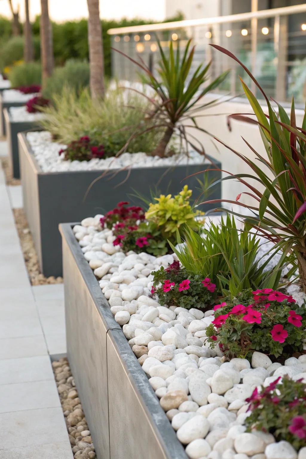 Container gardens set among white rocks, adding varied heights to the garden design.