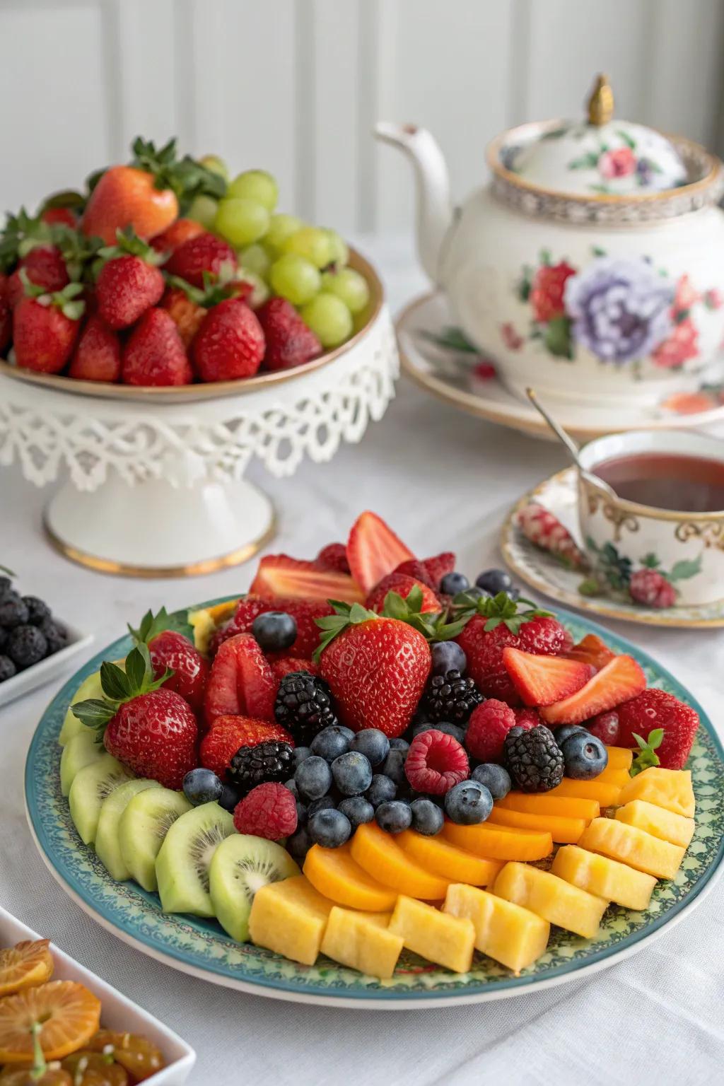 Seasonal fruit platters add a vibrant and healthy touch to your tea table.