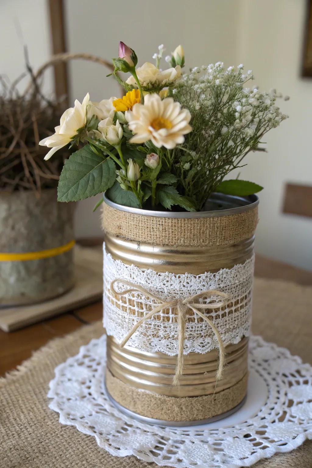 An eco-friendly flower pot made from an upcycled tin can.