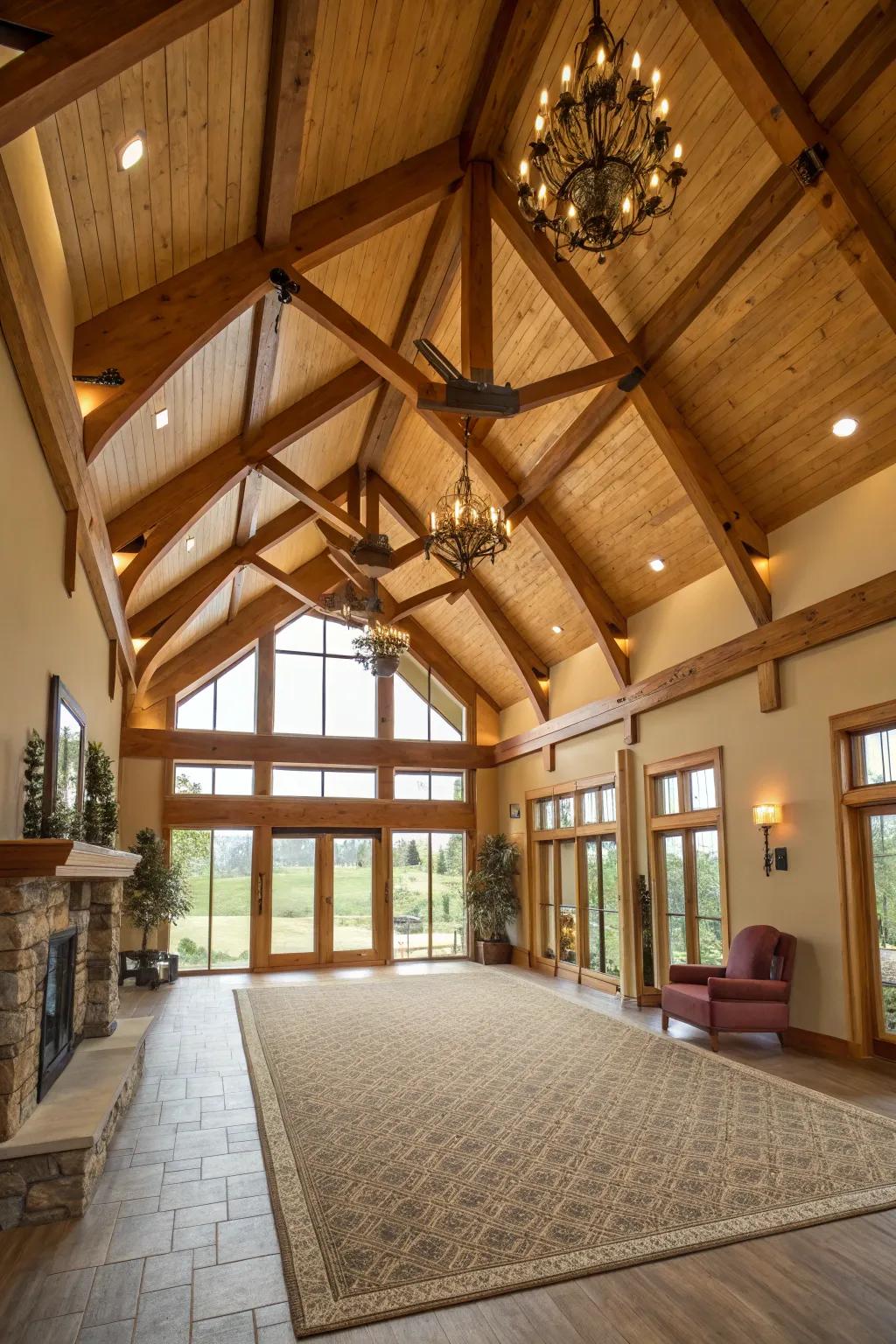 A spacious interior with high, vaulted ceilings and exposed beams.