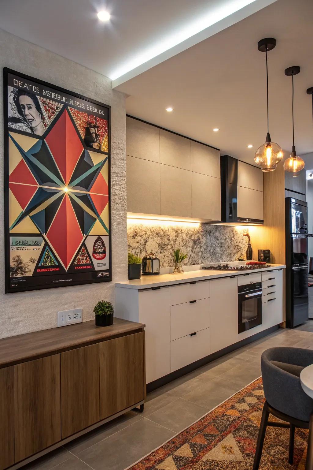 A kitchen featuring a geometric movie-themed art piece.