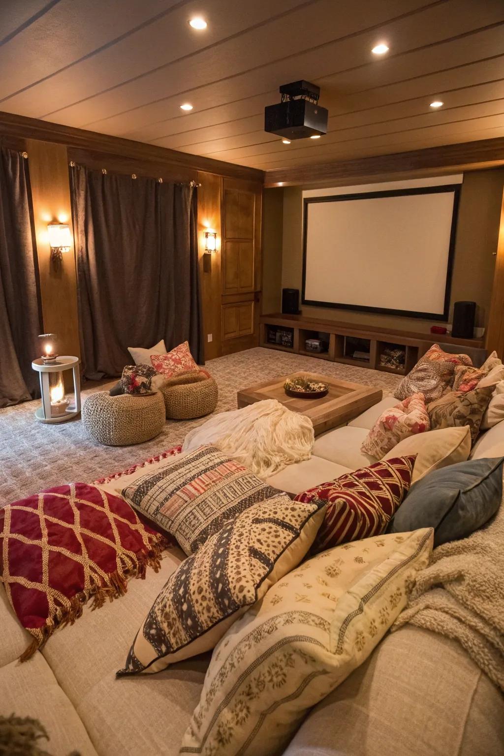 Cozy accessories are essential for a warm, inviting movie room.