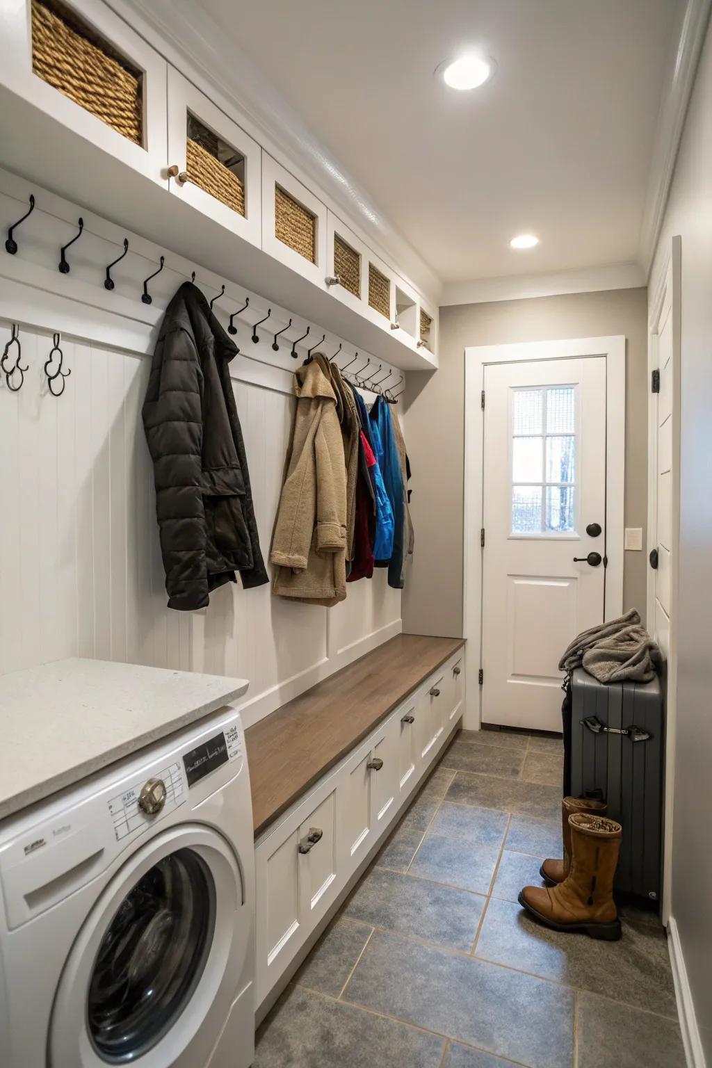 Add mudroom features for a multi-functional space that serves more than just laundry needs.