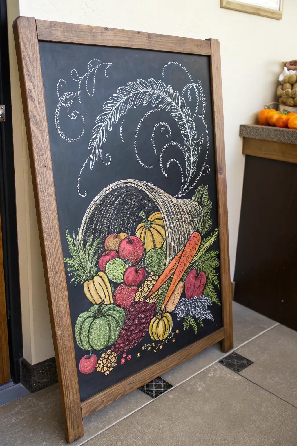 An elegant cornucopia chalkboard design symbolizing abundance.