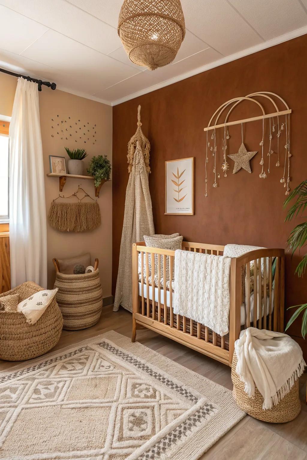 A cozy nursery with warm brown tones.