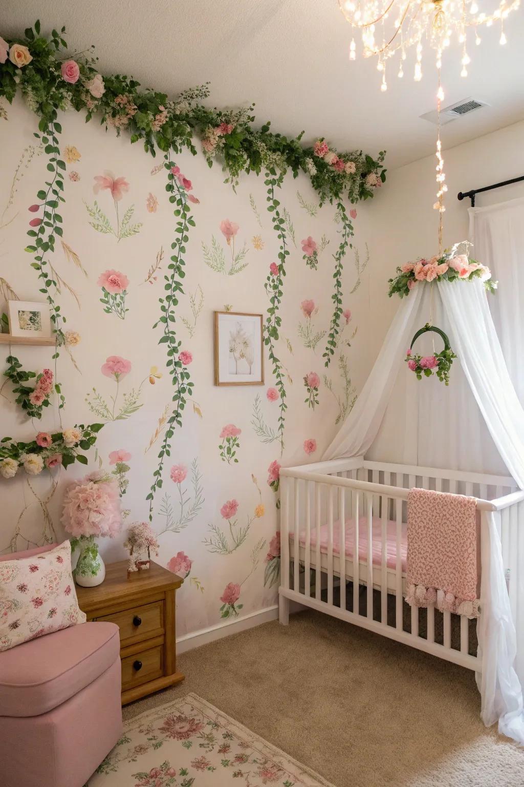 A nature-infused nursery blooming with floral and garden-inspired decor.