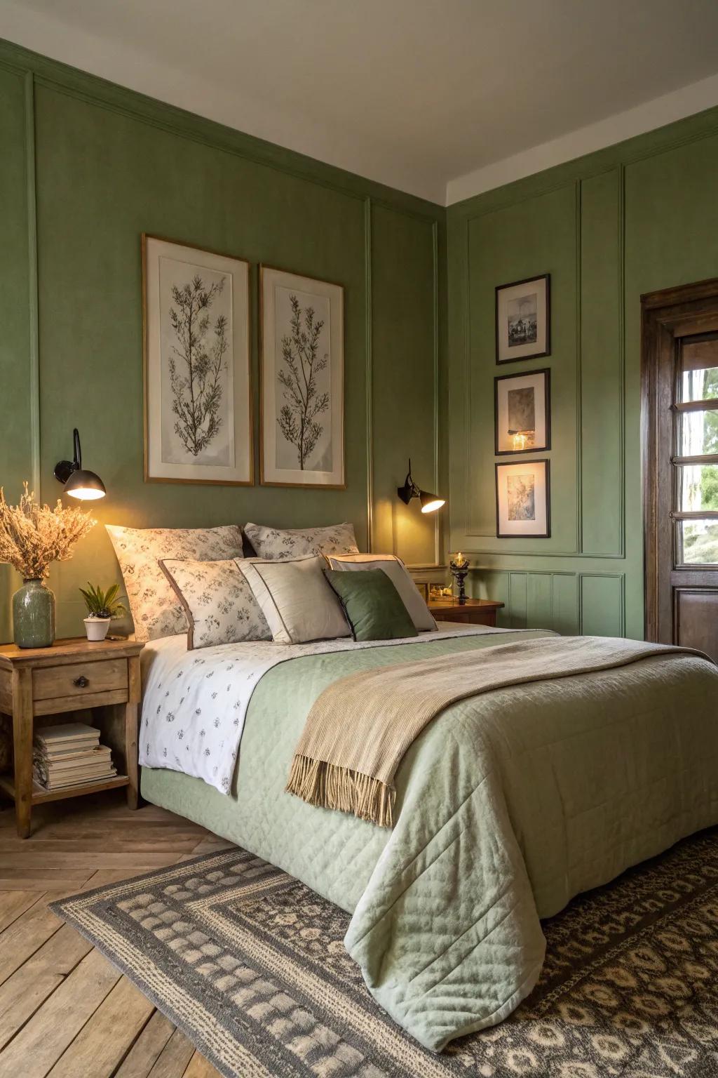 A serene bedroom retreat with calming olive green walls.