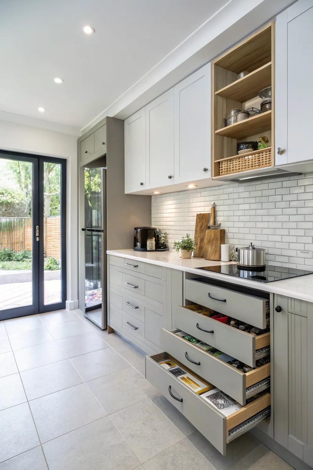 Innovative storage solutions keep a one-wall kitchen organized and tidy.