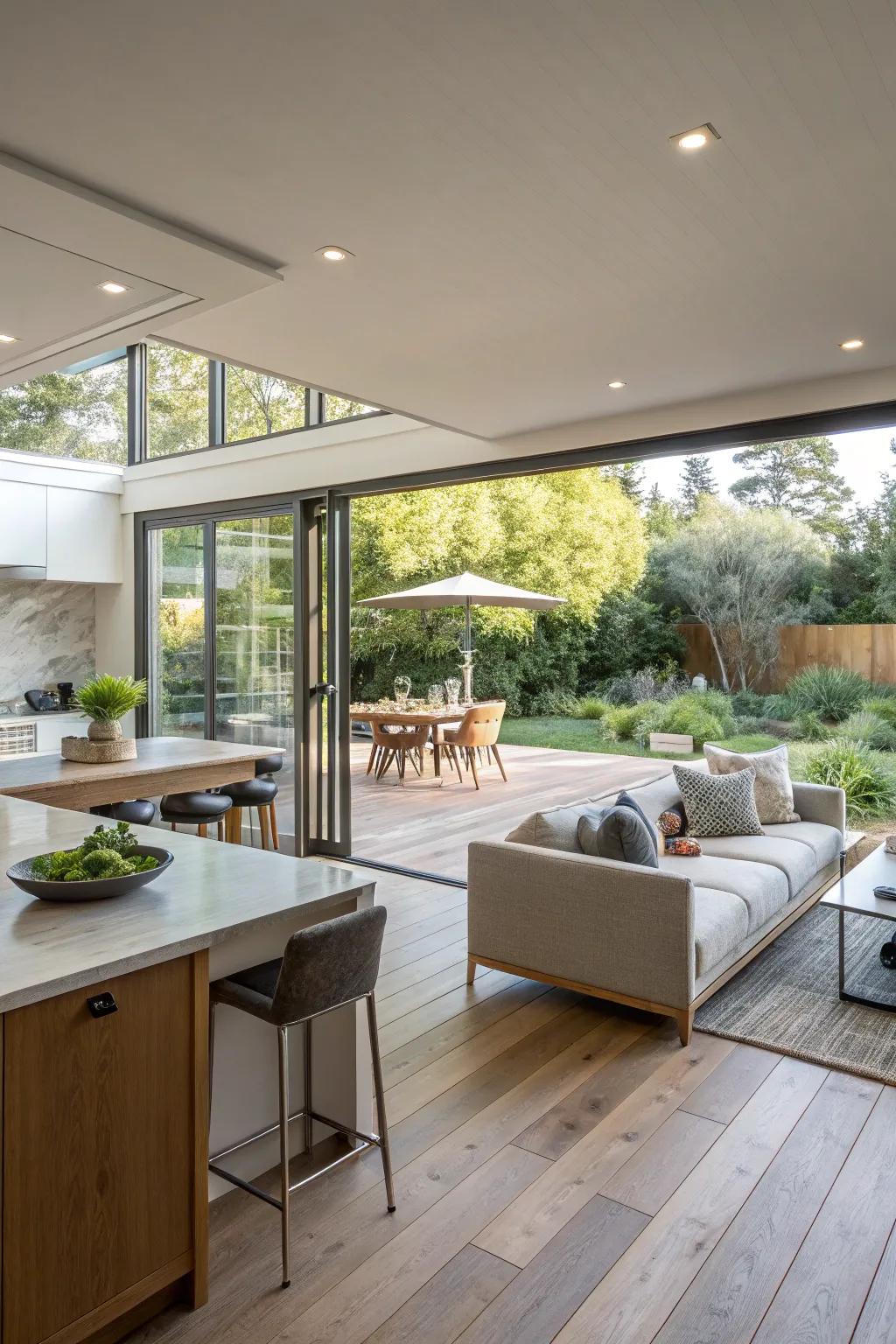 Seamless transition from indoor to outdoor living in an open concept design.