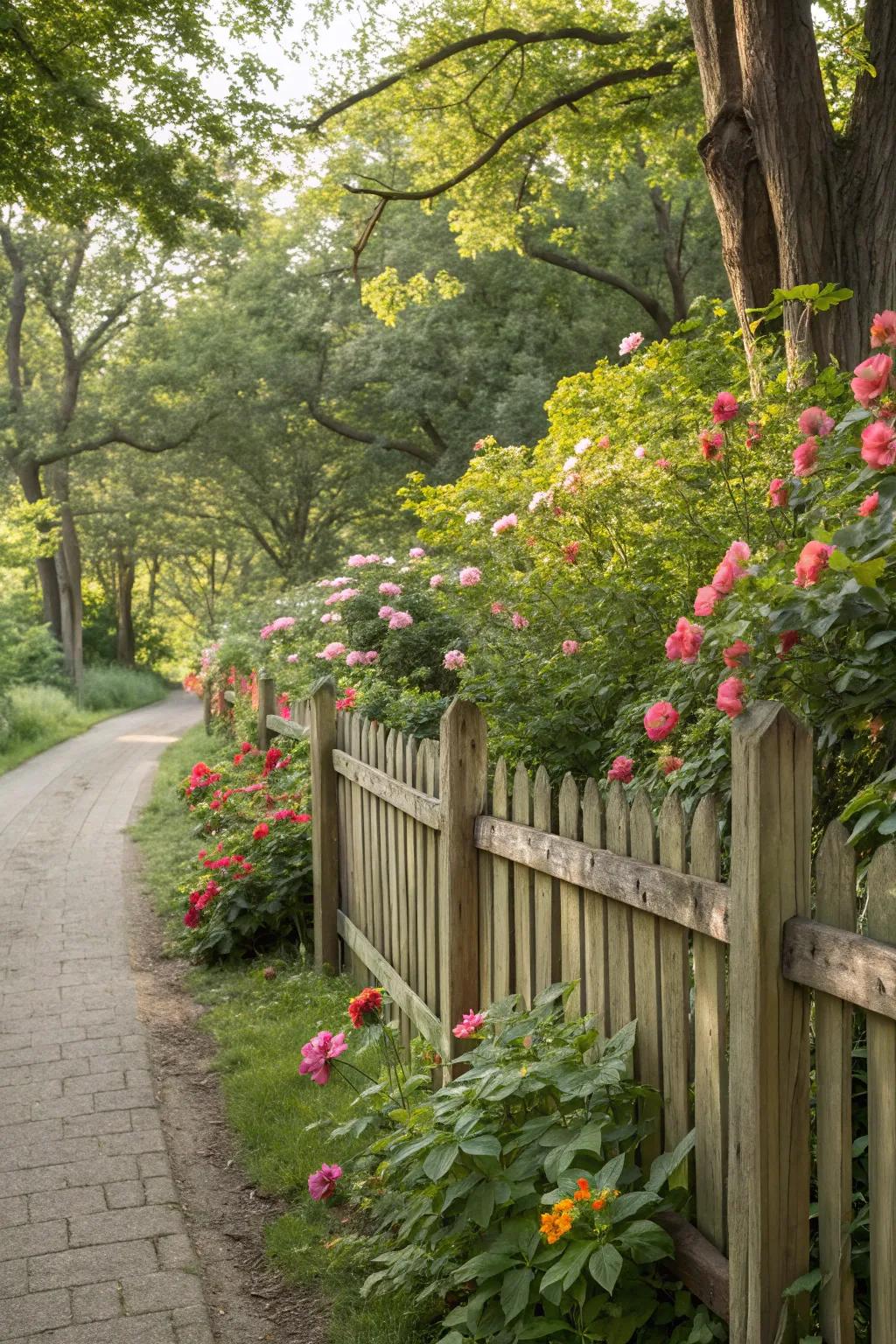 Seamless integration with natural wood fencing in garden landscapes.