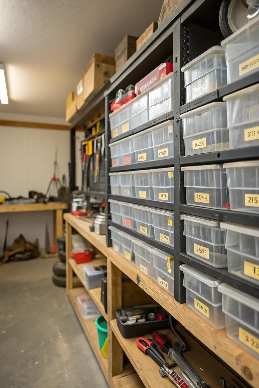 Clear bins and labels optimize garage shelf organization