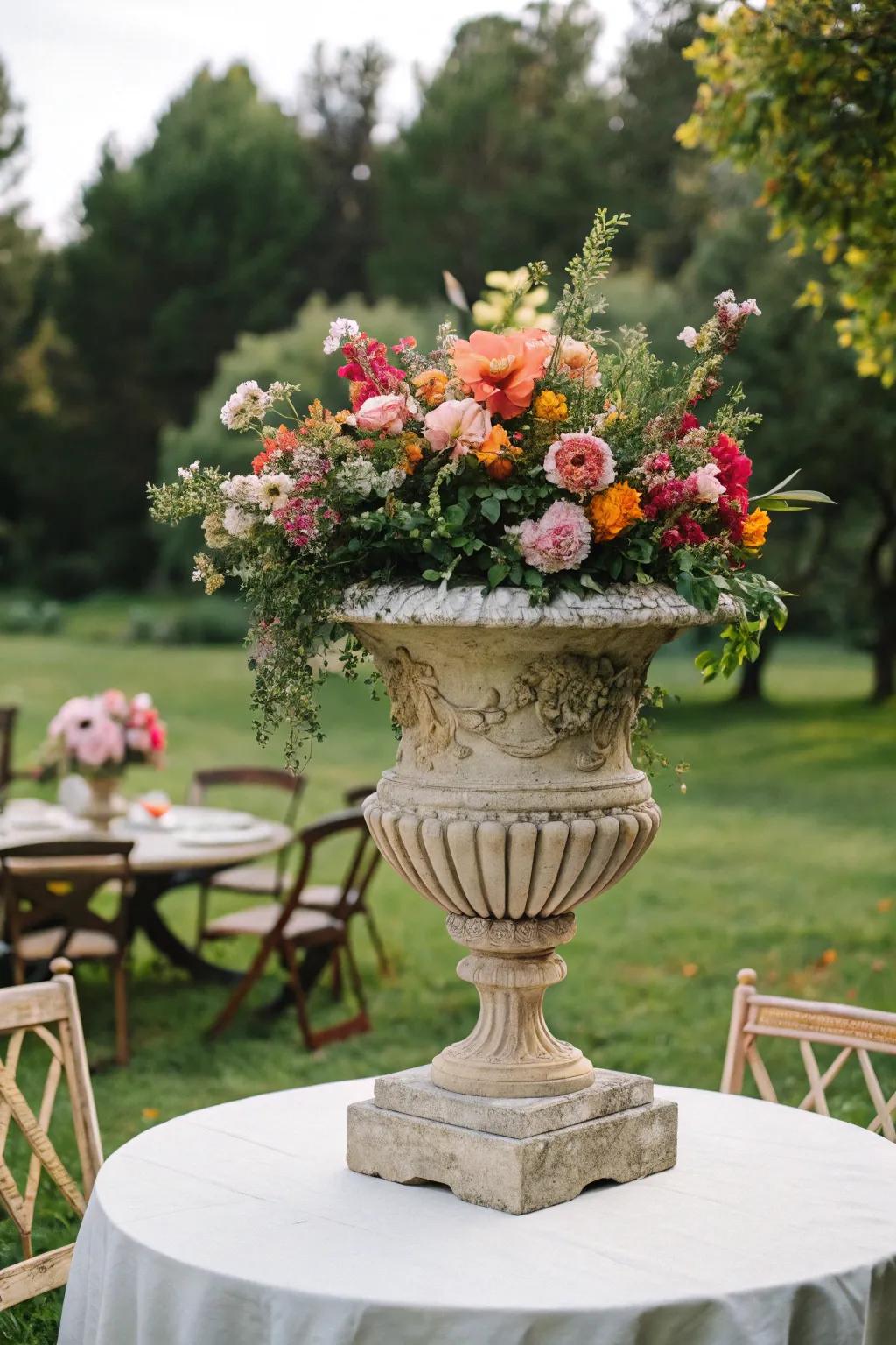 Urns provide a sophisticated and structured focal point.