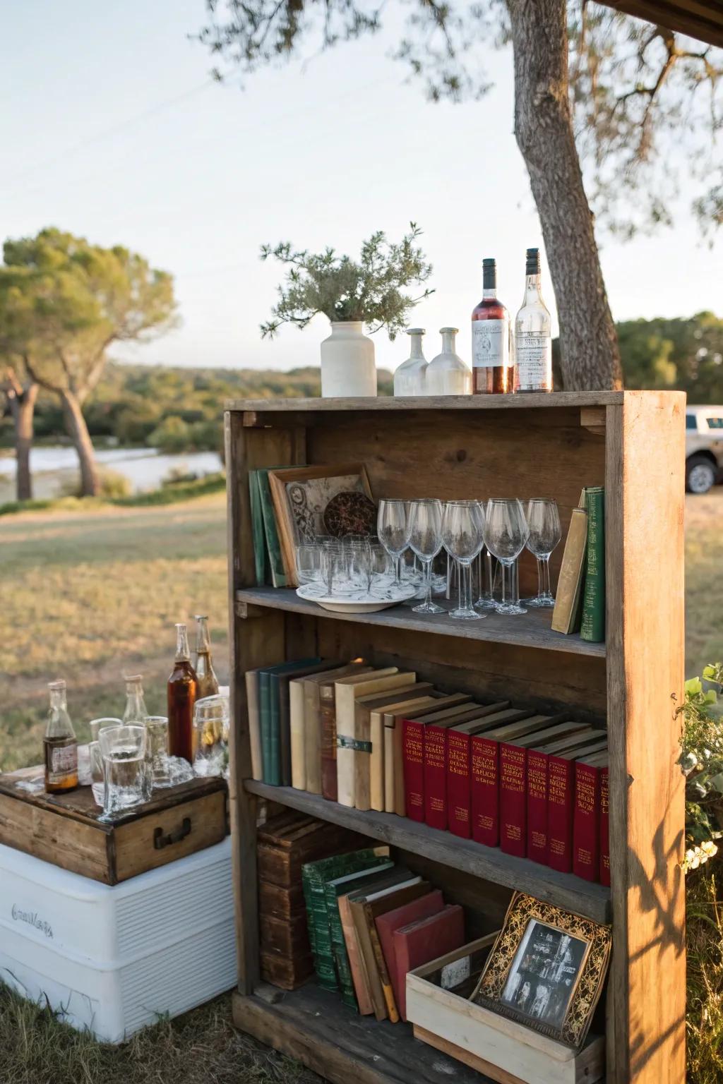 A repurposed bookshelf makes a functional and stylish drink station.