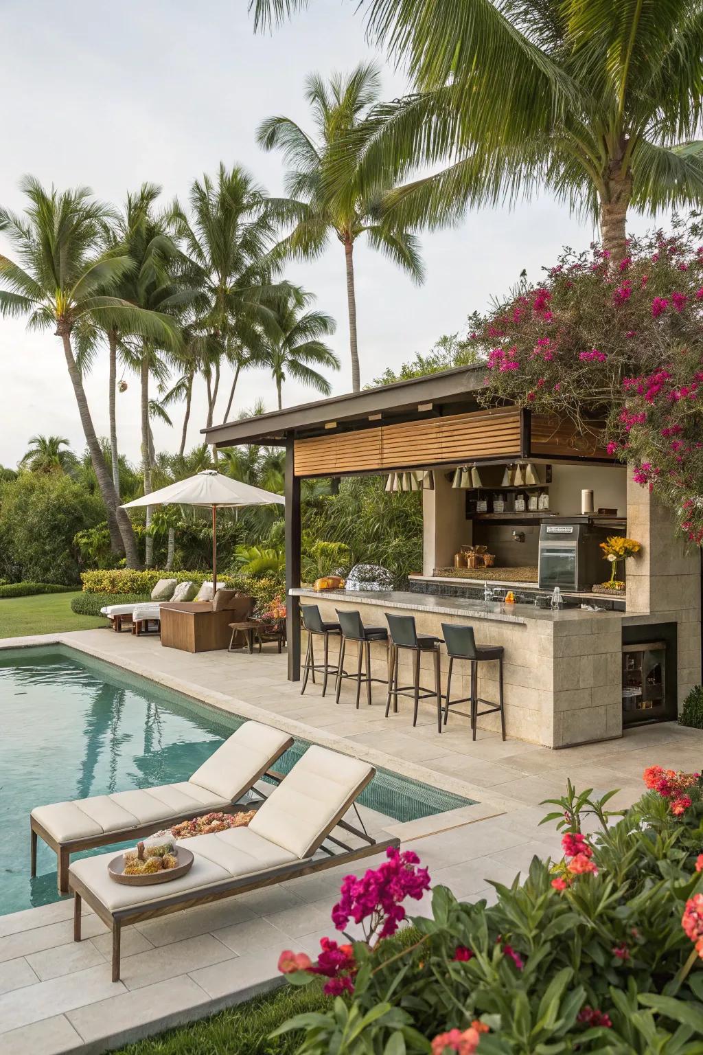 A poolside bar setup offers a slice of resort paradise at home.