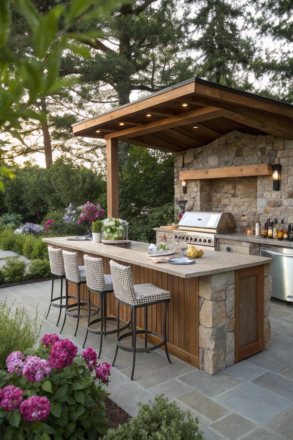 A built-in bar invites socializing in your outdoor kitchen.