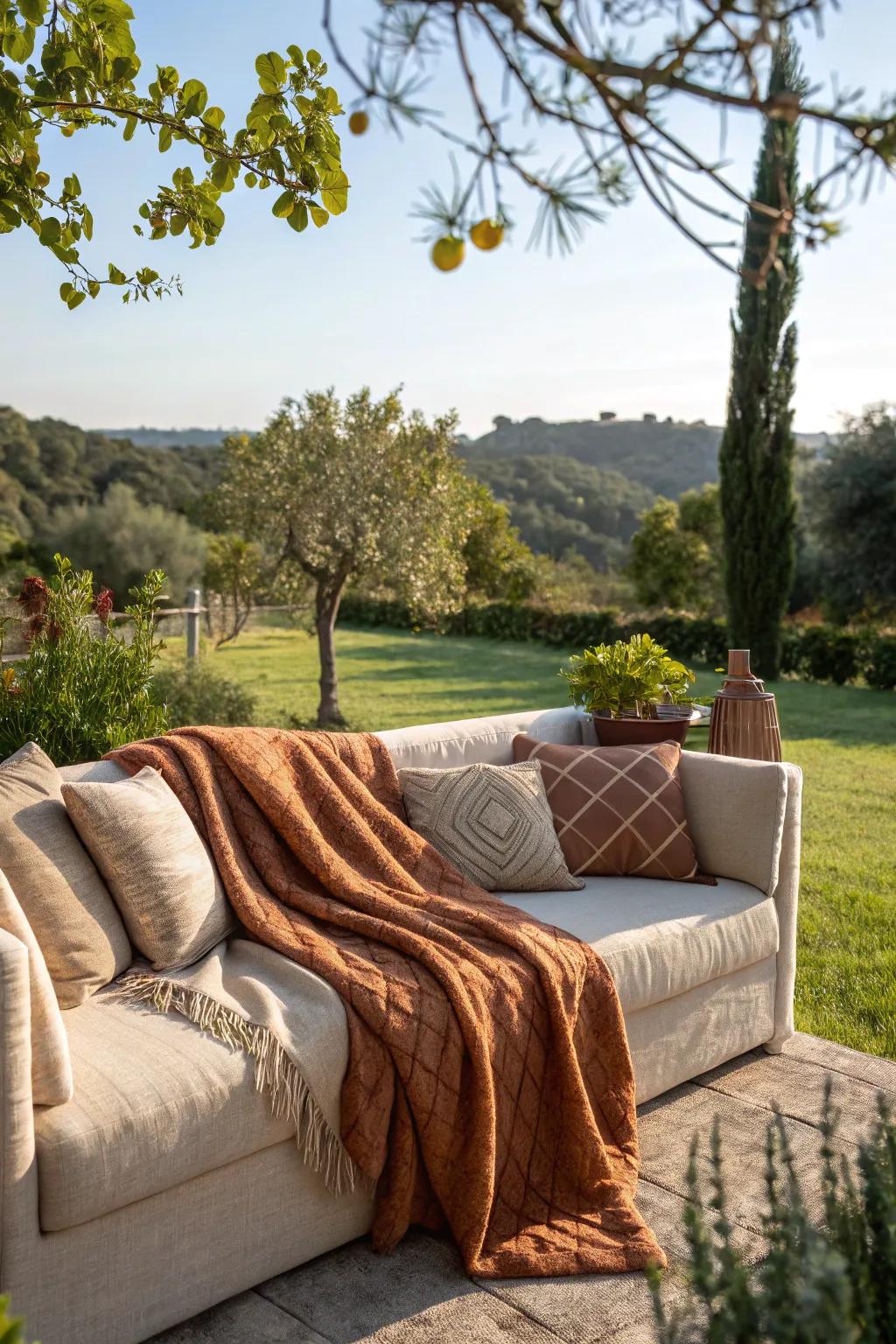 Throws and blankets offer warmth and coziness for your outdoor space.