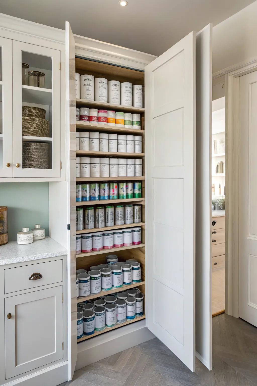 Built-in cabinet with paint cans neatly stored inside.