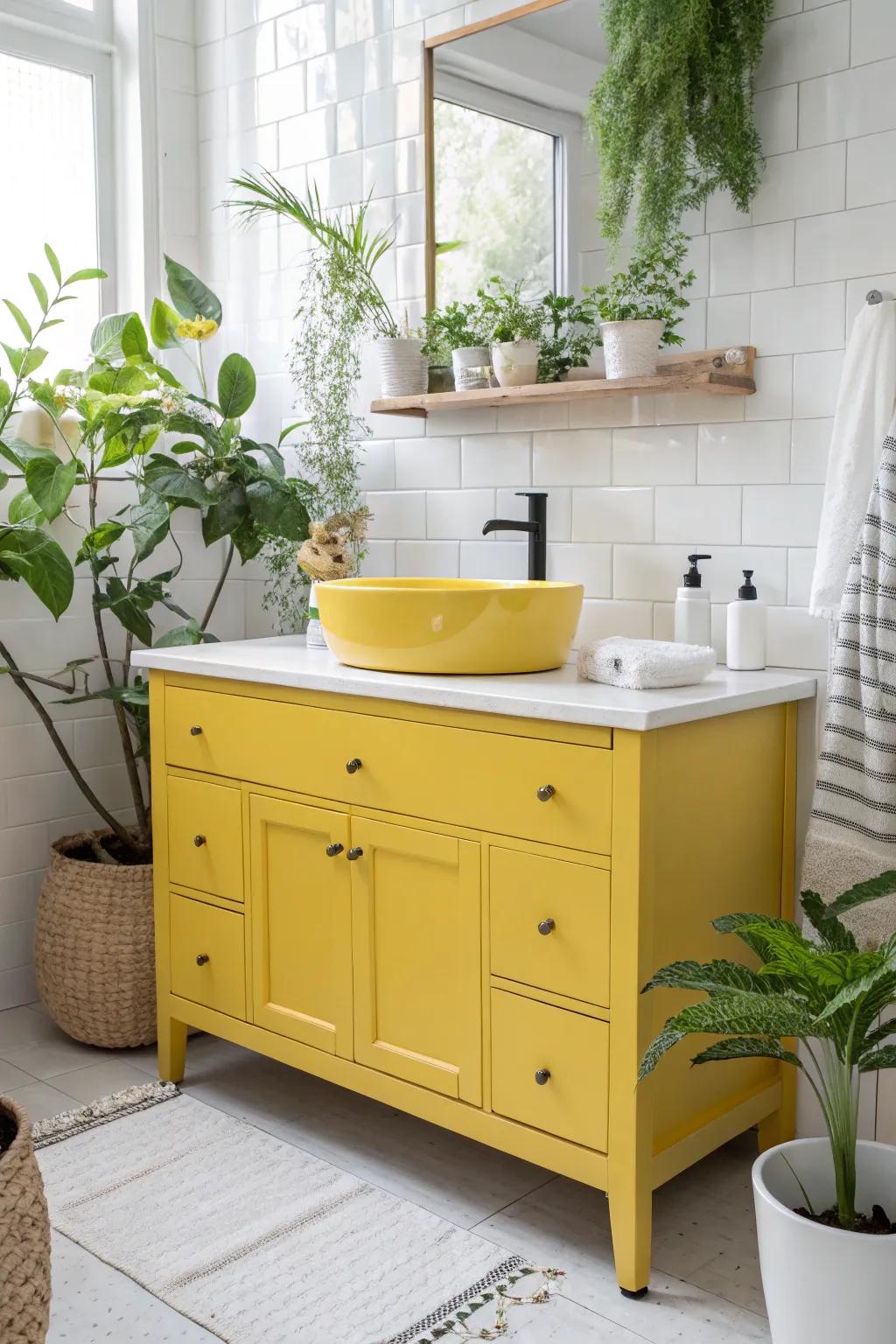 Yellow vanities bring a cheerful, bright vibe.