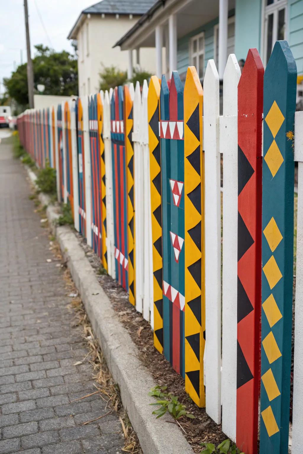 A picket fence decorated with eye-catching geometric designs.