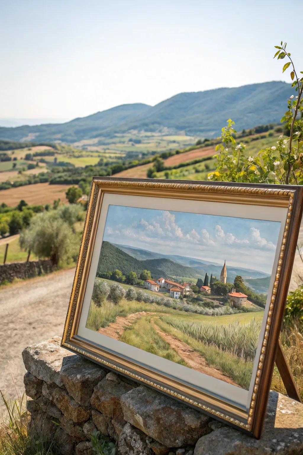 A framed landscape painting bringing the serene countryside indoors.
