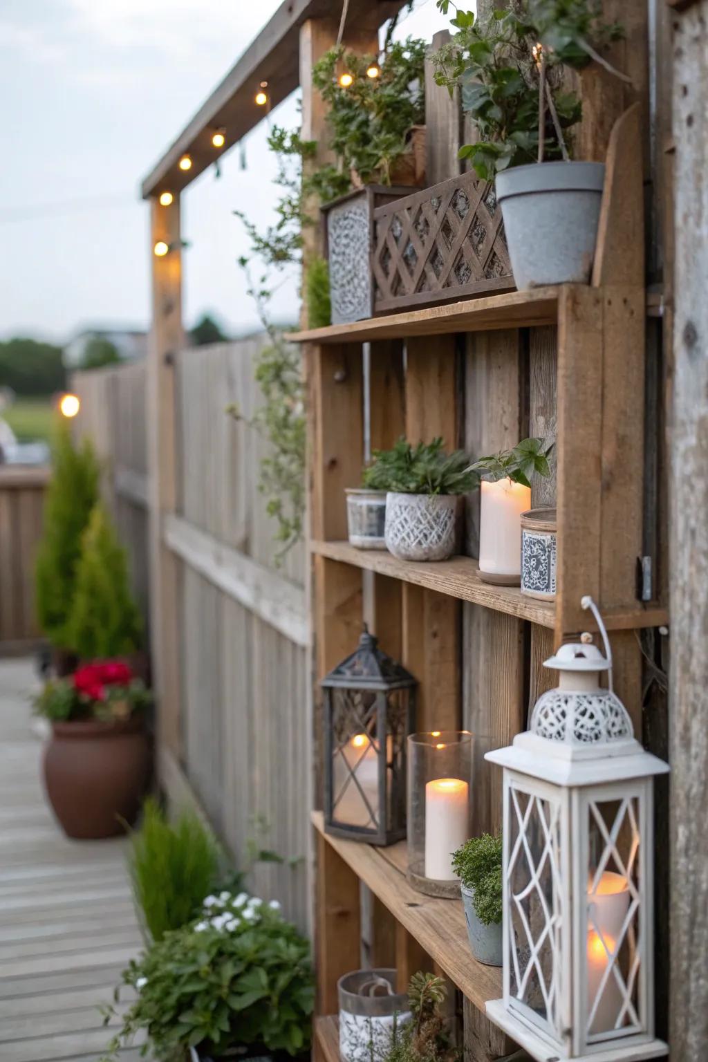 A wooden wall with shelves for decor display.