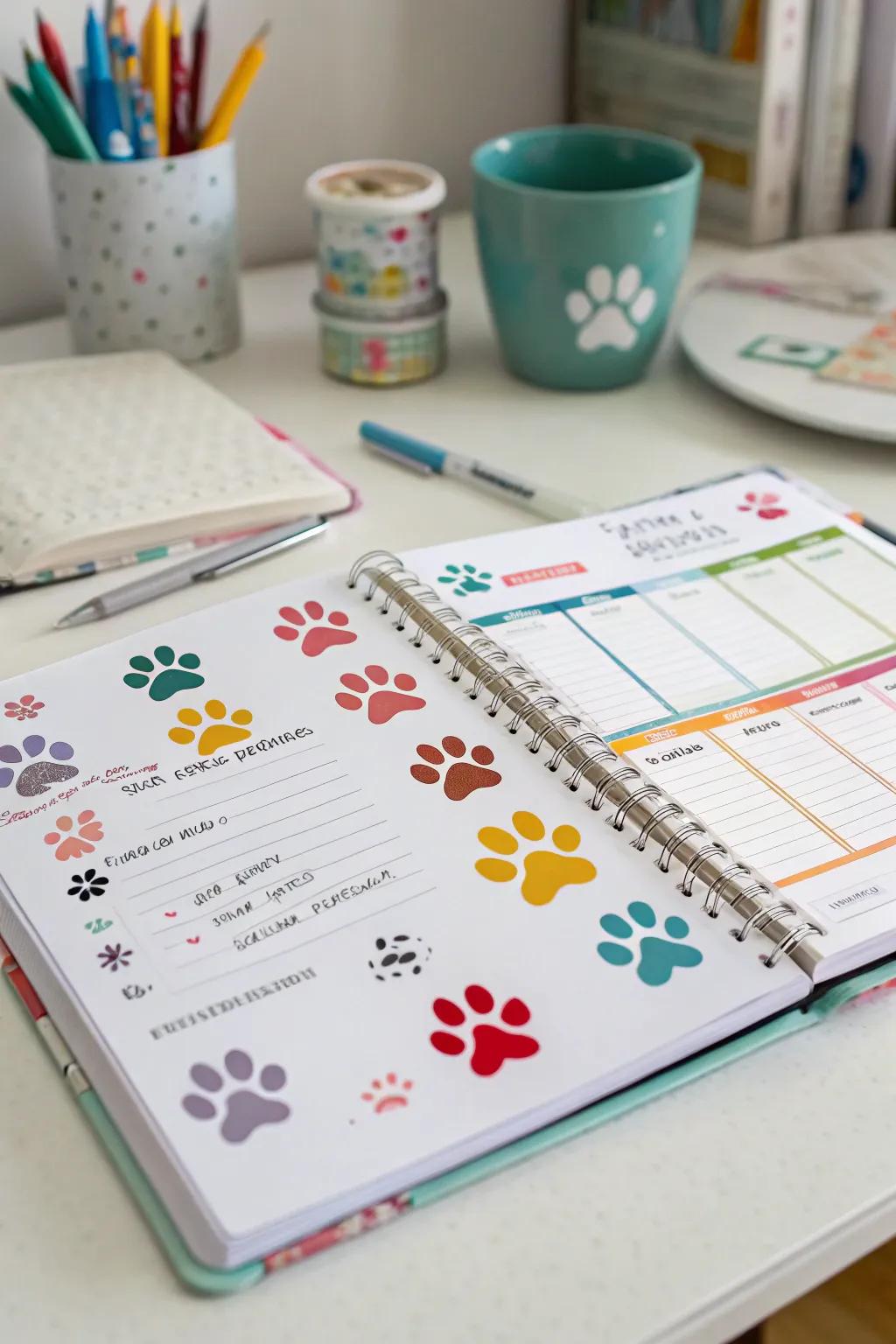 Colorful paw print stickers adding fun to a planner.