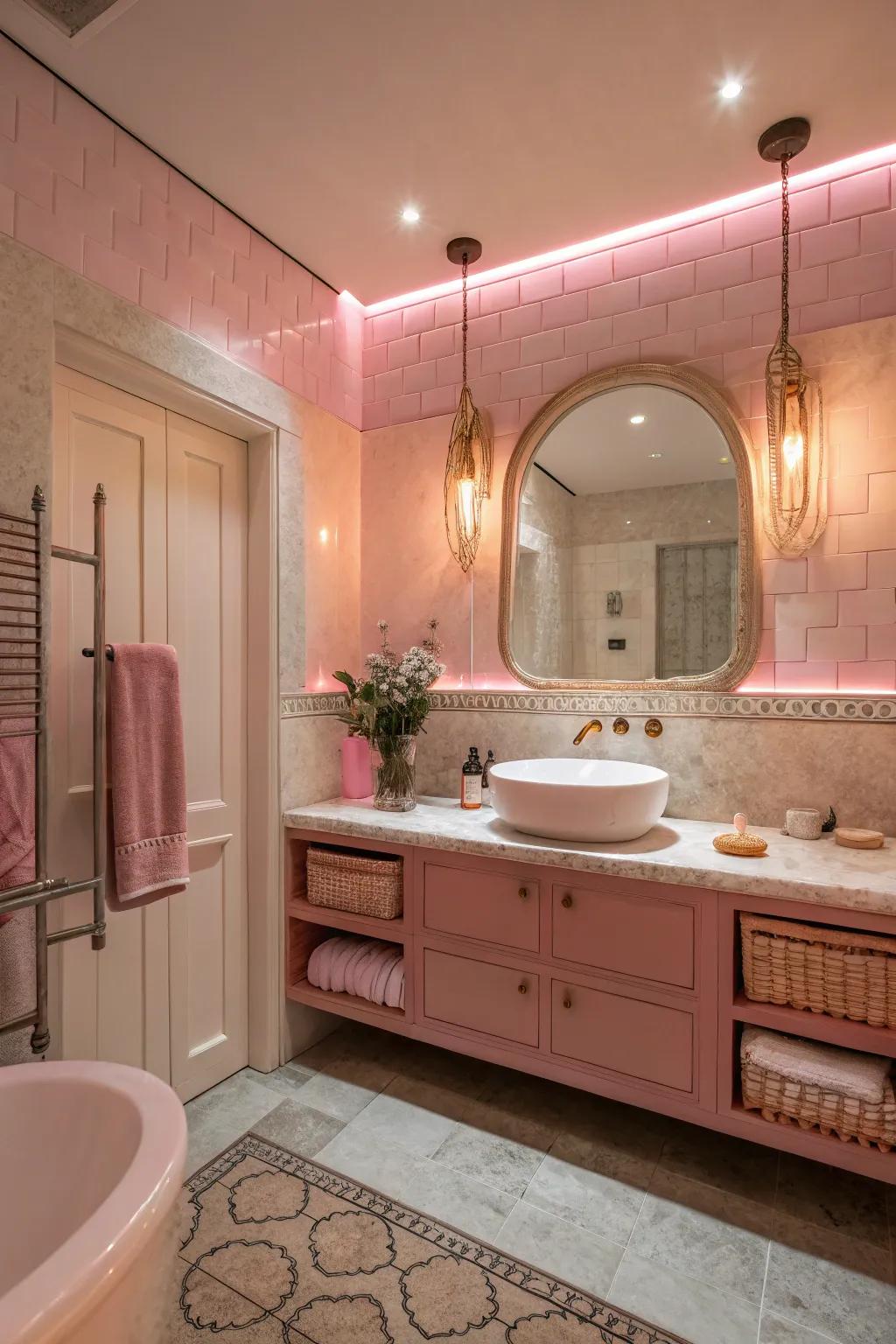 Soft pink lighting adds warmth to the bathroom.