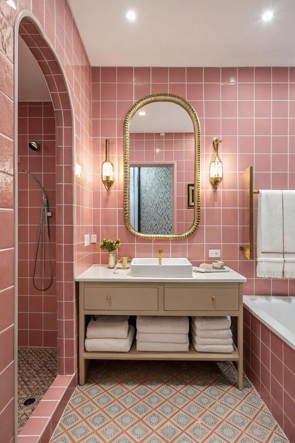 Functional decor elements harmonizing with pink tiles.