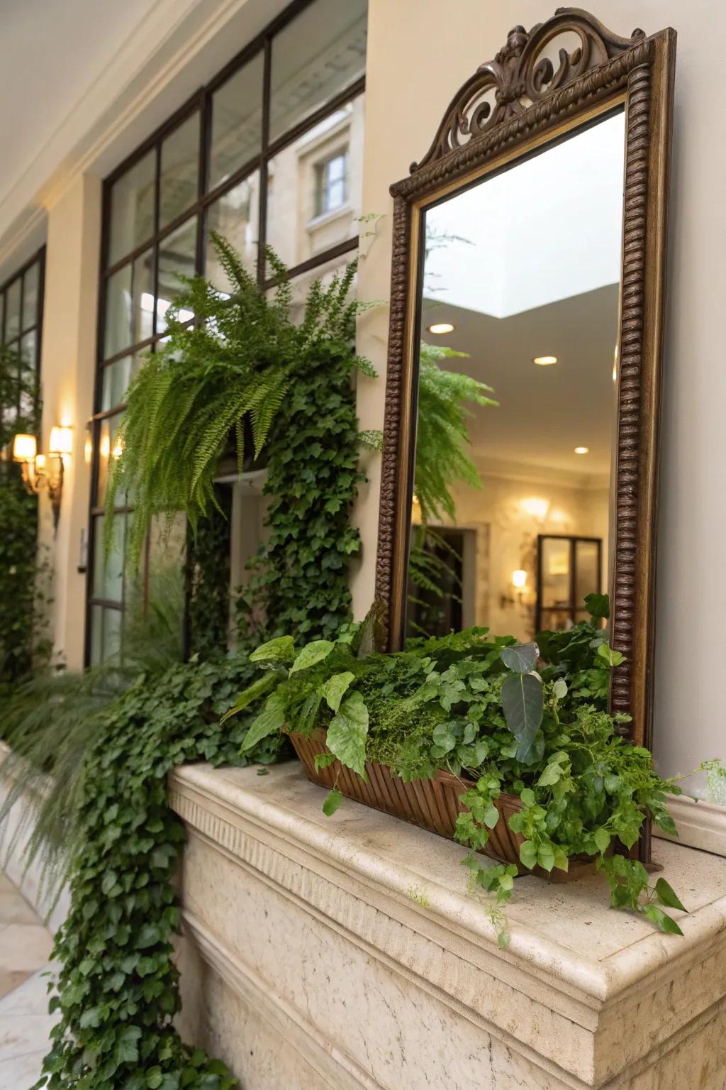 A mirror behind the plant ledge creates a sense of space and light.