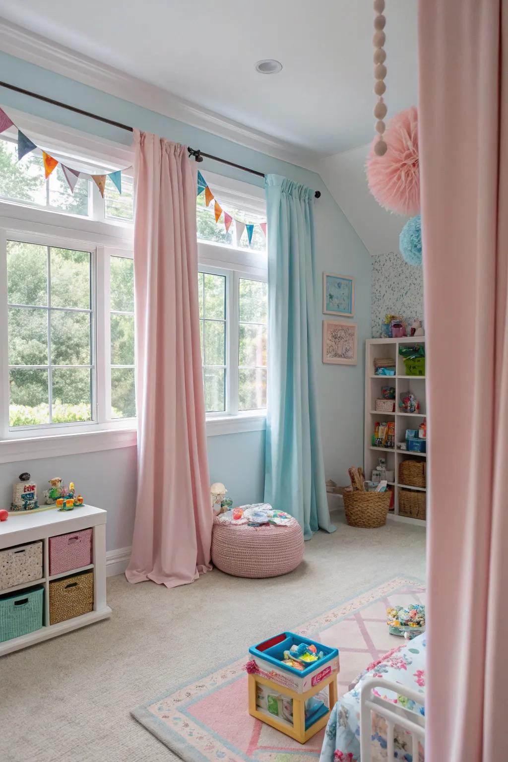 Pastel curtains create a calming atmosphere in the playroom.