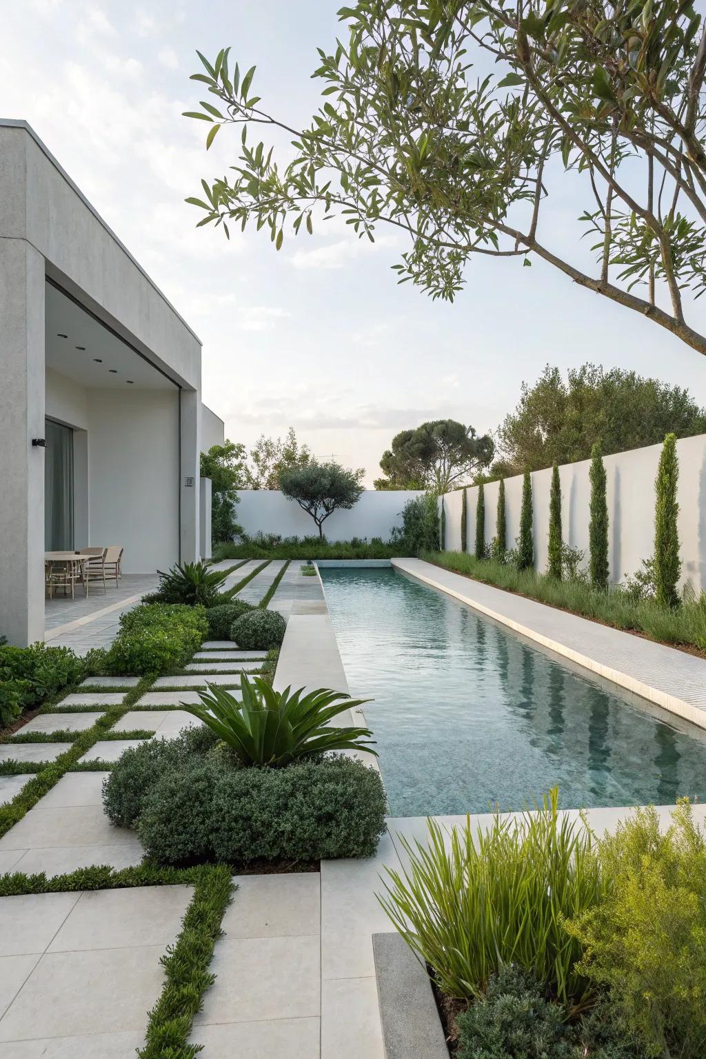 Minimalist landscaping enhances the modern aesthetic of pool designs.