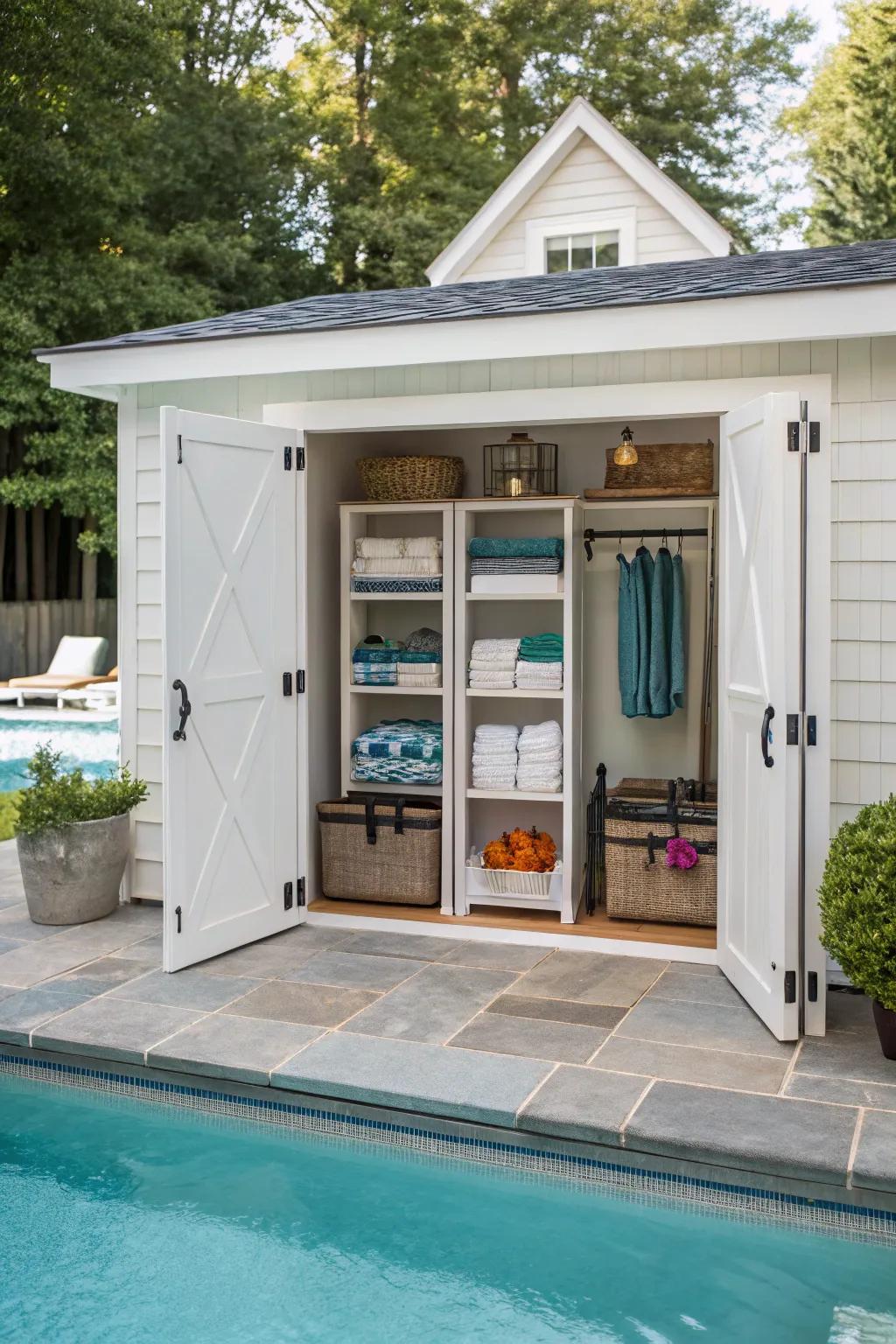 An enclosed pool house offers ample storage and a touch of luxury.