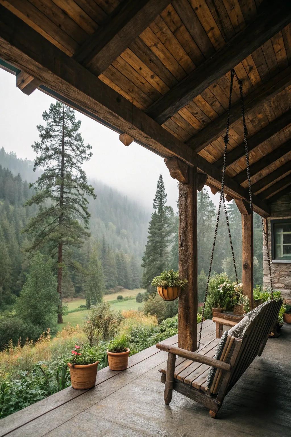 Rustic charm with exposed wood beams.