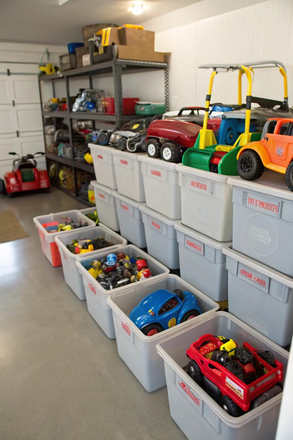 Portable storage bins for organizing smaller power wheels.