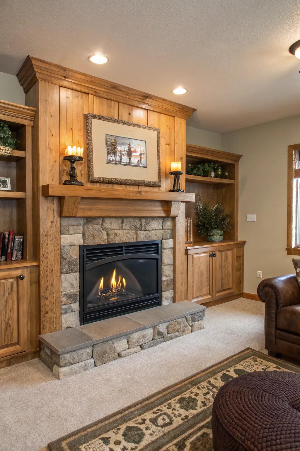 A living room featuring a propane fireplace with natural wood accents.