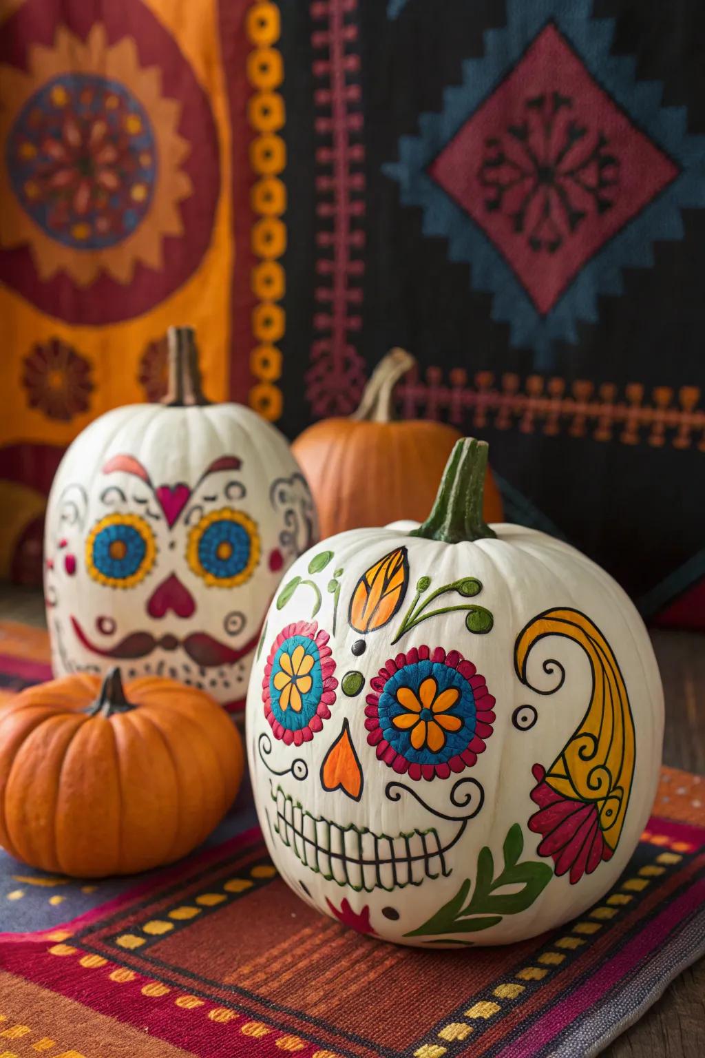 Celebrate tradition with Day of the Dead sugar skull pumpkin designs.