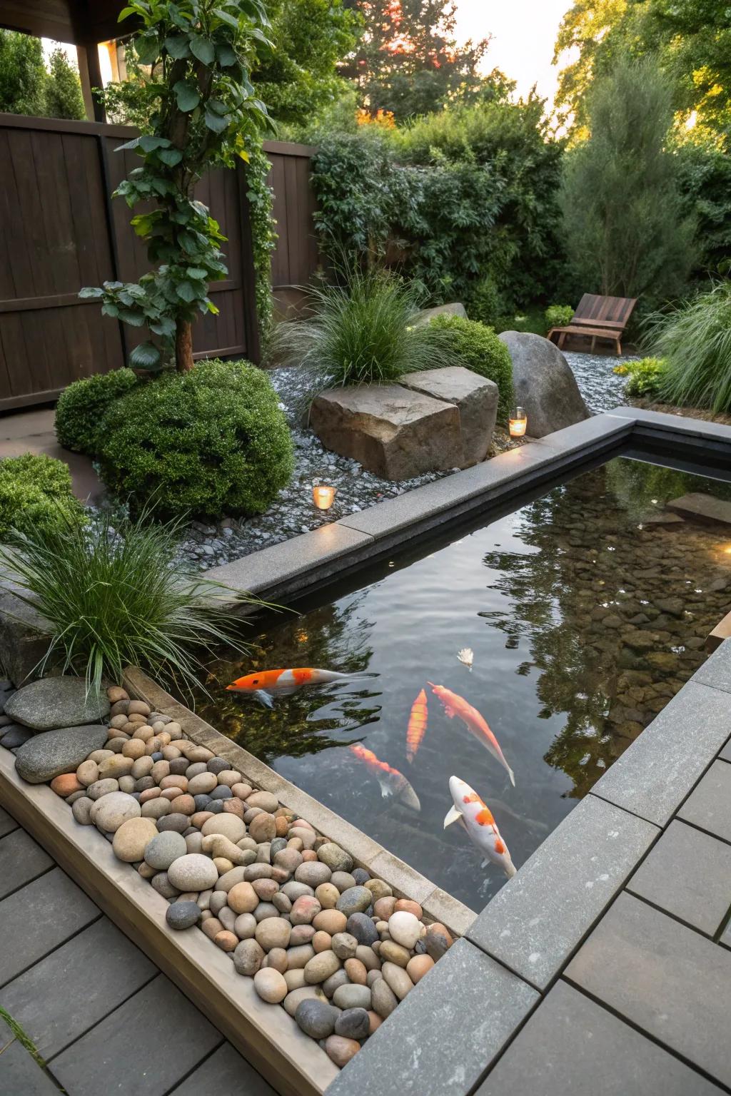 A natural habitat for koi with pebbles and rocks.