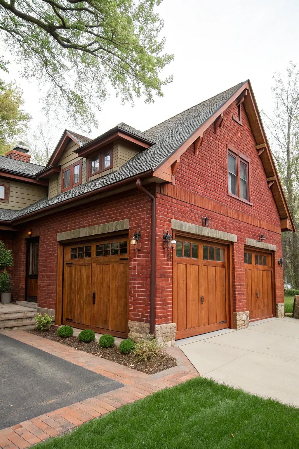 Wood accents add warmth to this red brick house.