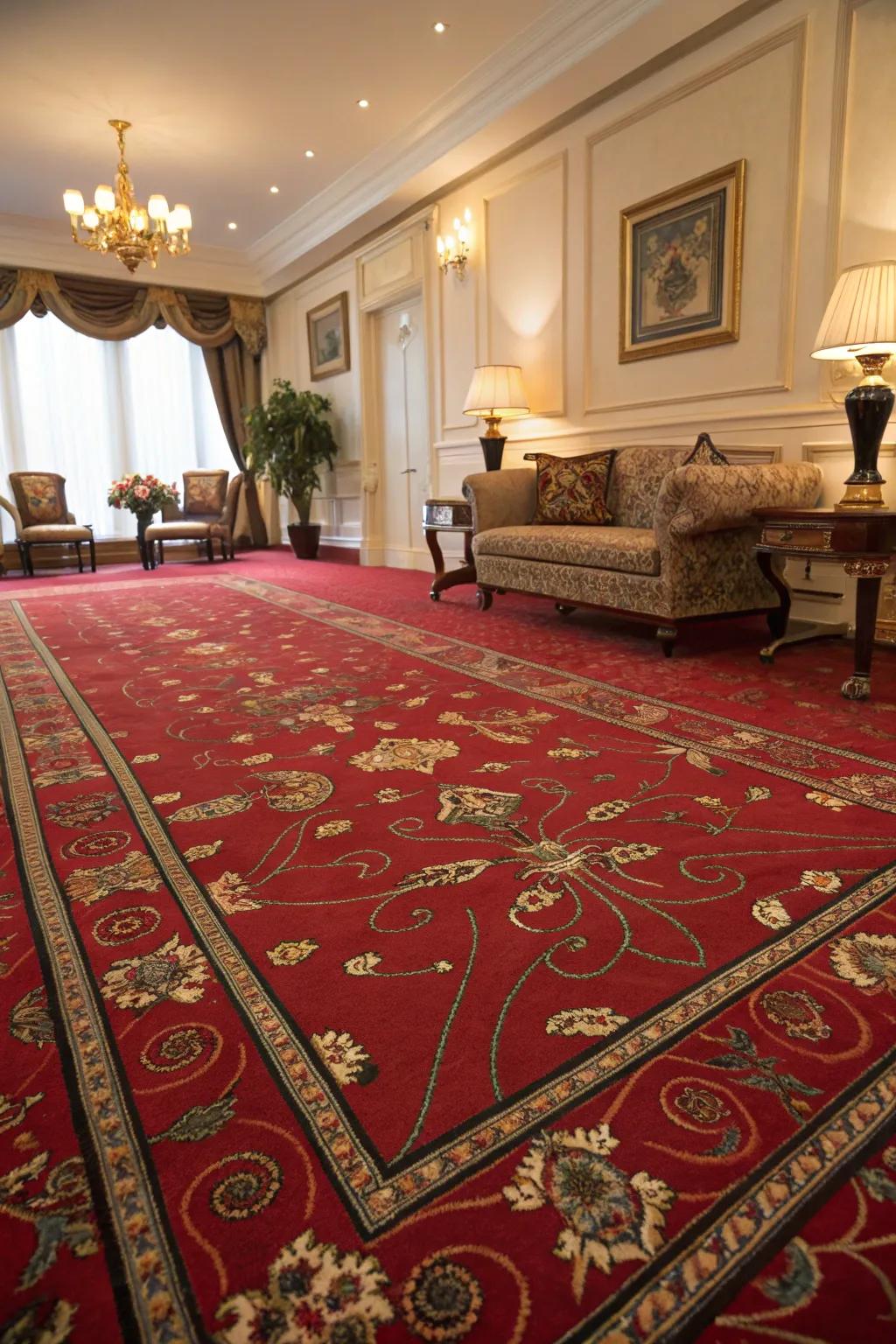 A red carpet with intricate patterns acting as the living room's artistic centerpiece.