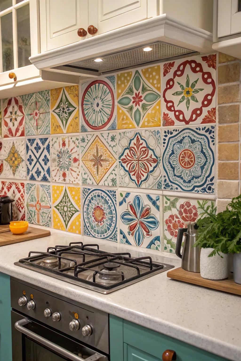 Colorful relief tiles add a playful touch to the kitchen.