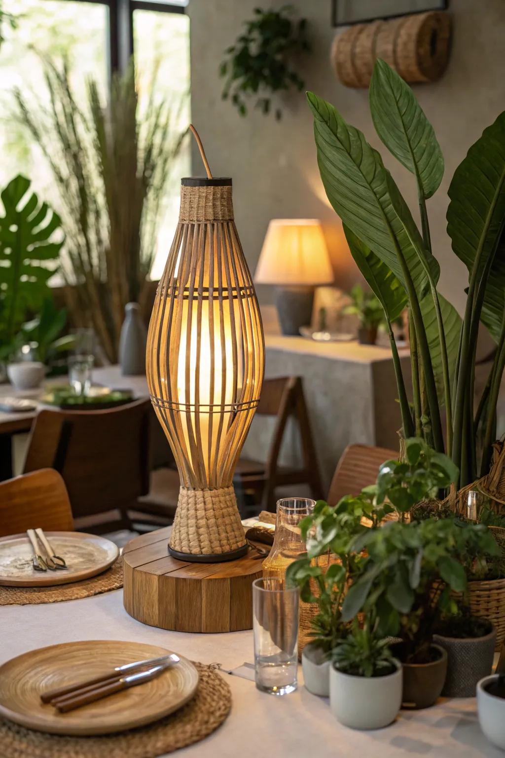 Bamboo table lamp on a restaurant table with natural decor elements.