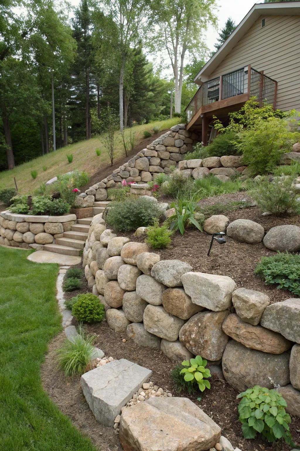 Rock designs transform retaining walls into artistic expressions.