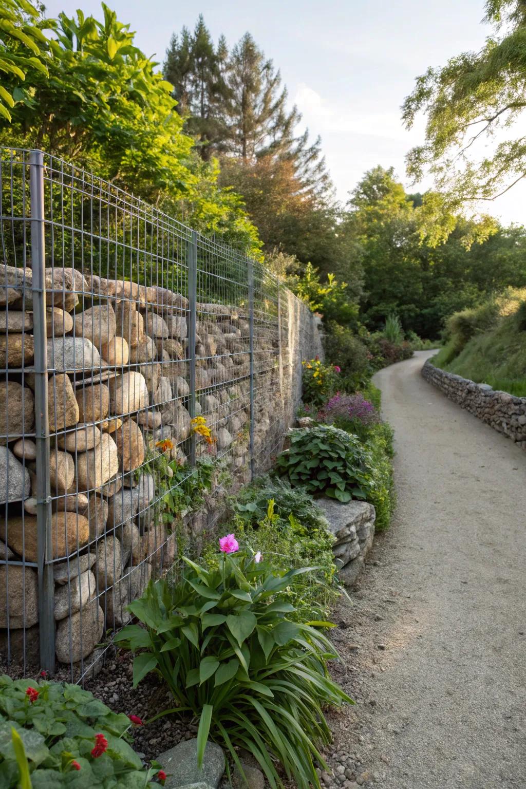 Gabion walls provide a rugged, industrial aesthetic.