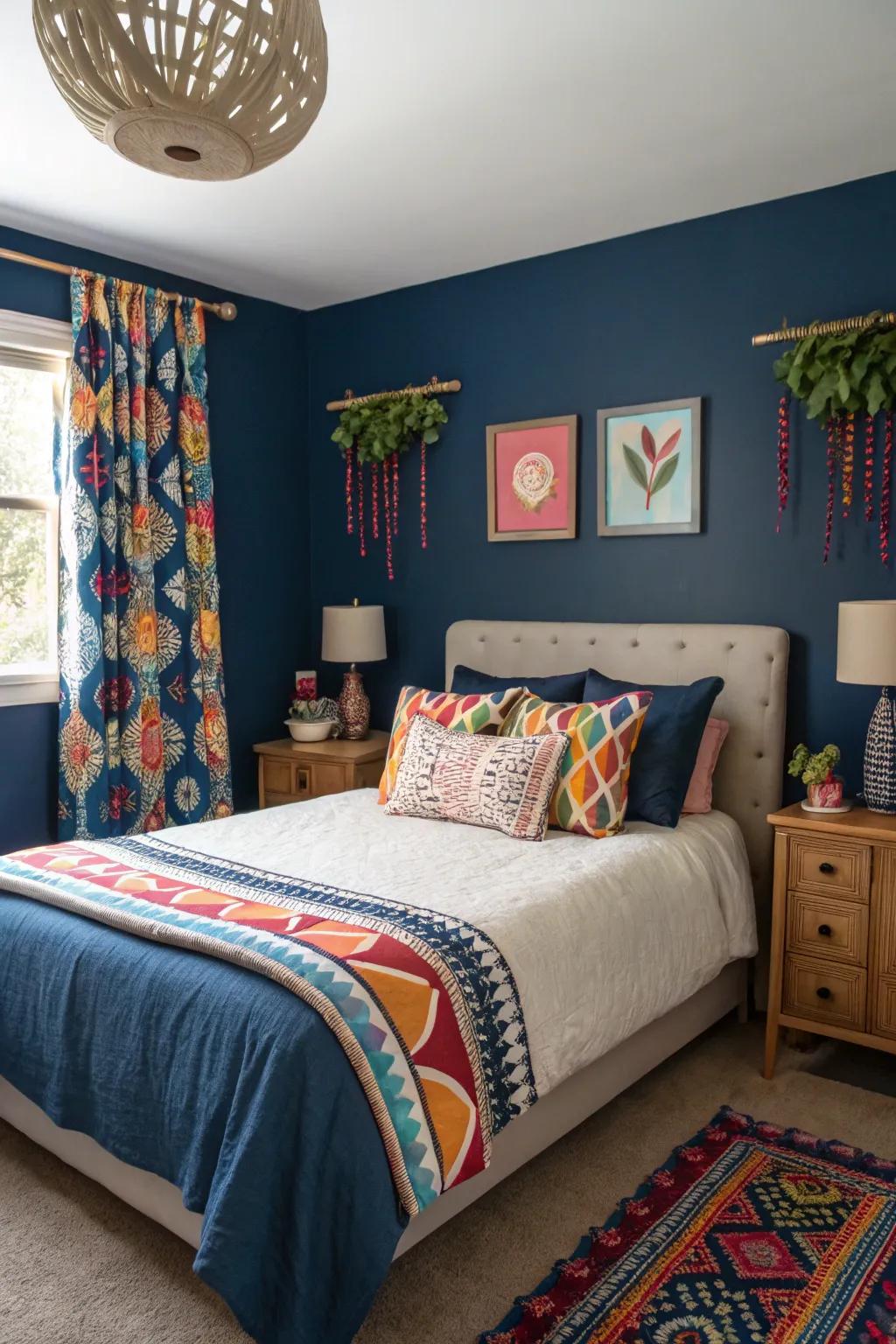 Bright accents add a lively touch to the serene navy blue backdrop.