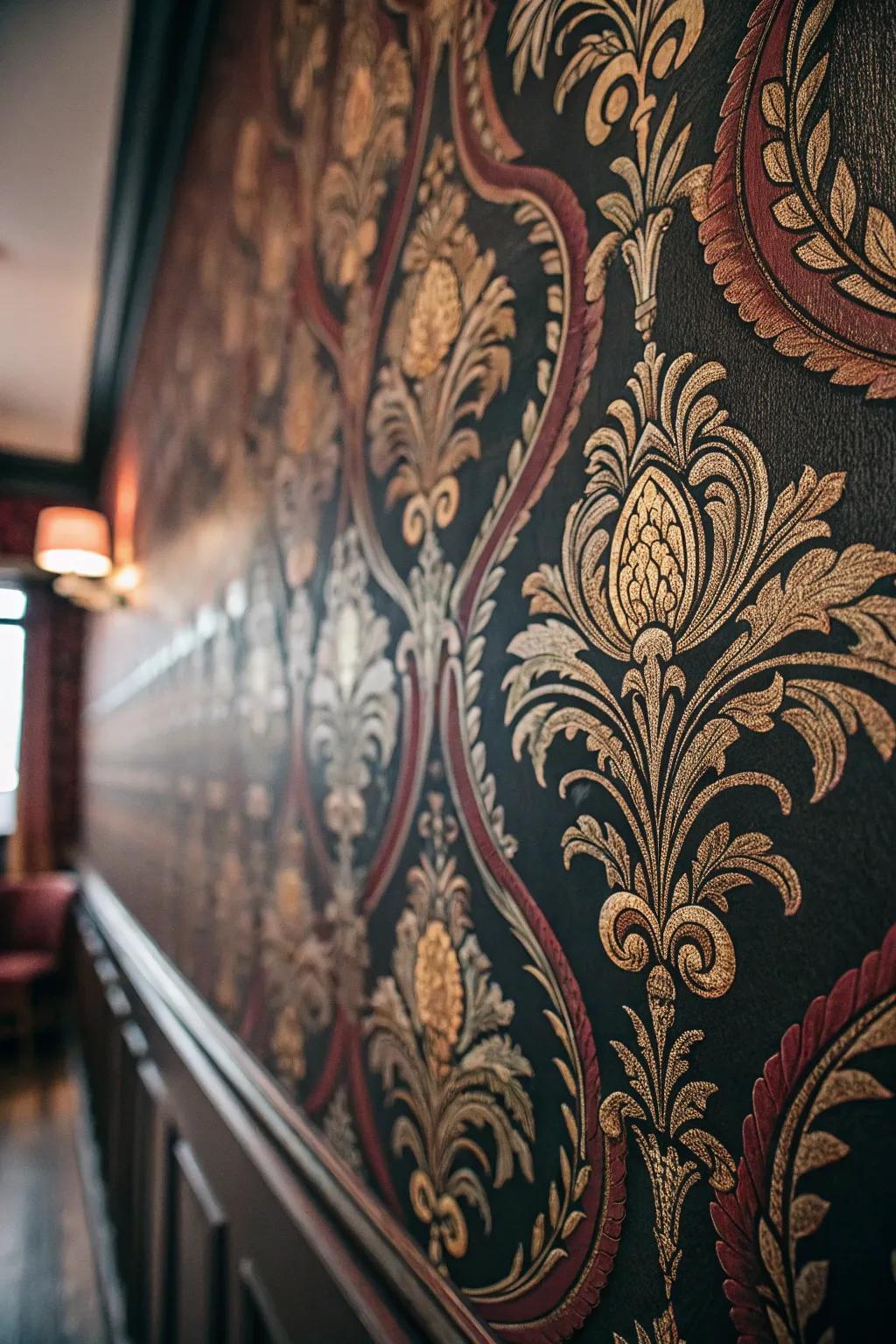 Ornate wallpapers add depth and Victorian charm to the bedroom decor.
